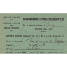 Direction générale des Travaux de Paris. Cours de perfectionnement du personnel ouvrier. 3 cartes d'inscription. 