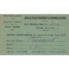 Direction générale des Travaux de Paris. Cours de perfectionnement du personnel ouvrier. 3 cartes d'inscription. 