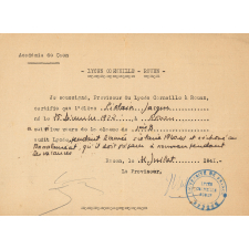 Lycée Corneille. Rouen. Certificat de scolarité. 