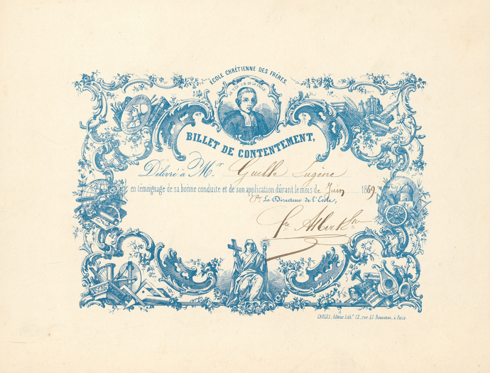 Billet de contentement. École chrétienne des Frères.