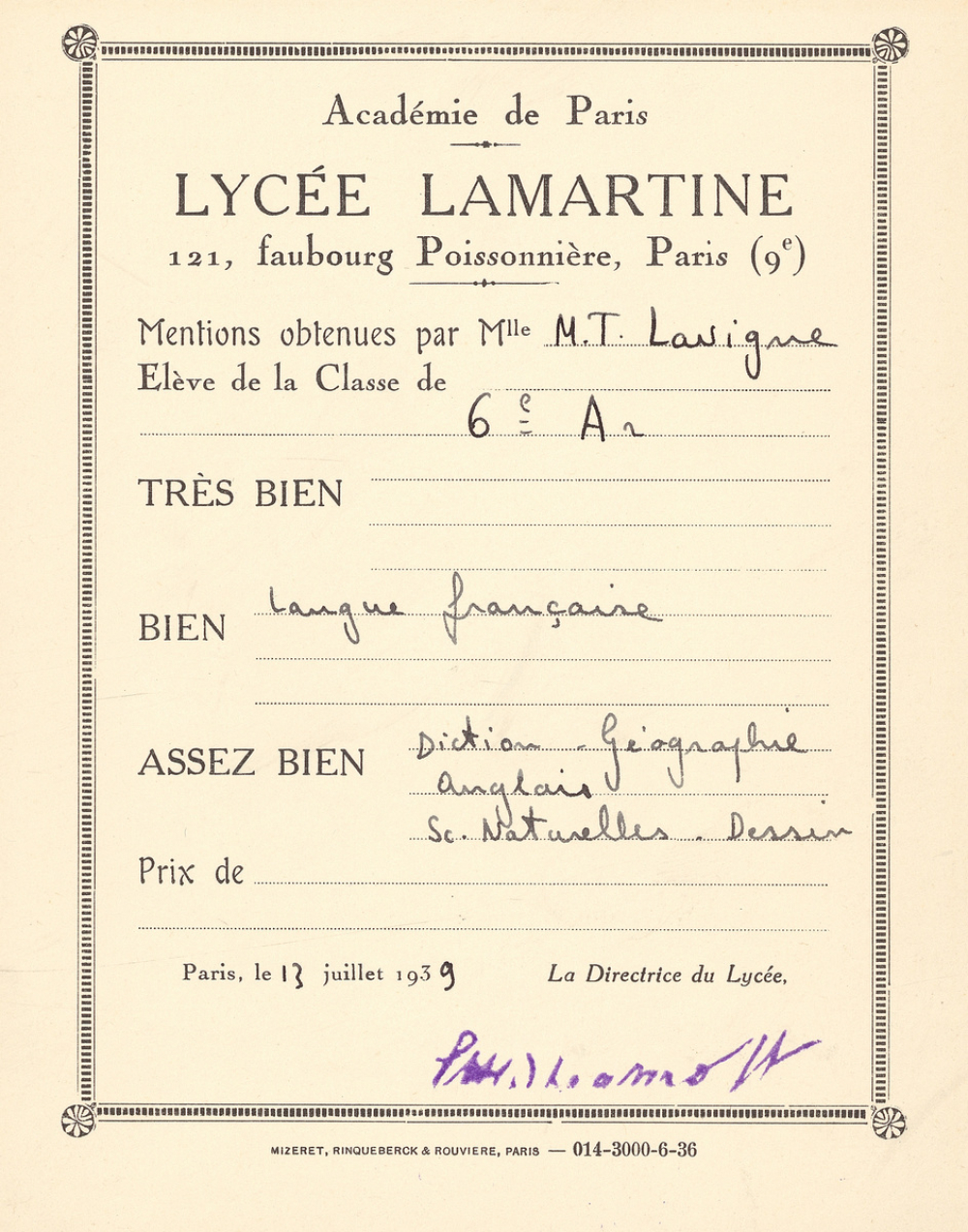 Mentions obtenues par Melle Marie-Thérèse Lavigne.