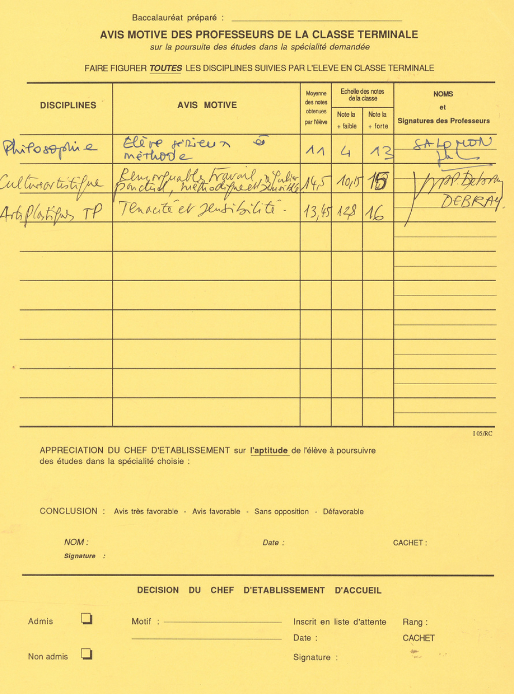 Dossier de candidature en première année de Section de Technicien Supérieur. Rentrée 1993.