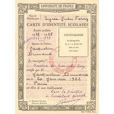 Carte d'identité scolaire. Lycée Jules Ferry, Paris IXe.