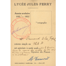 Autorisation de sortie du lycée. Lycée Jules Ferry, Paris IXe.