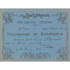 Témoignage de satisfaction accordé à l'élève Louise Bonnard pour bonne conduite le 31 mars 1916