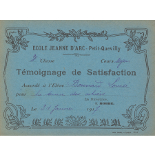 Témoignage de satisfaction accordé à l'élève Louise Bonnard pour la tenue des cahiers, le 31 janvier 1917
