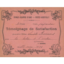 Témoignage de satisfaction accordé à l'élève Louise Bonnard pour la lecture et l'écriture, le 28 mai 1914
