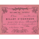 Billet d'honneur accordé à l'élève Louise Bonnard pour le résultat de ses compositions, le 31 janvier 1916