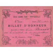 Billet d'honneur accordé à l'élève Louise Bonnard pour le résultat de ses compositions, le 31 janvier 1916