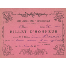 Billet d'honneur accordé à l'élève Louise Bonnard pour sa bonne conduite et son application, le 30 novembre 1915