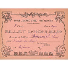 Billet d'honneur accordé à l'élève Louise Bonnard pour l'étude des leçons, le 31 janvier 1917