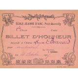 Billet d'honneur accordé à l'élève Louise Bonnard pour son travail, le 31 octobre 1917