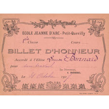 Billet d'honneur accordé à l'élève Louise Bonnard pour son travail, le 31 octobre 1917