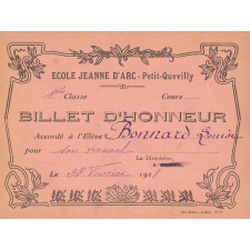Billet d'honneur accordé à l'élève Bonnard Louise pour son travail, le 28 février 1918