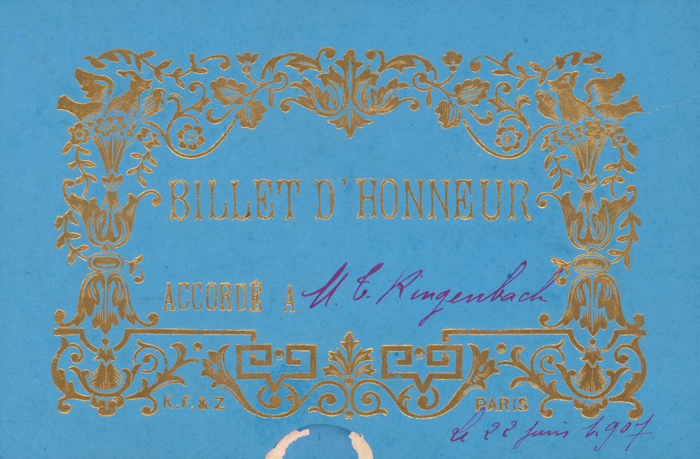 Billet d'honneur accordé à M. T. Ringenbach, le 22 juin 1907