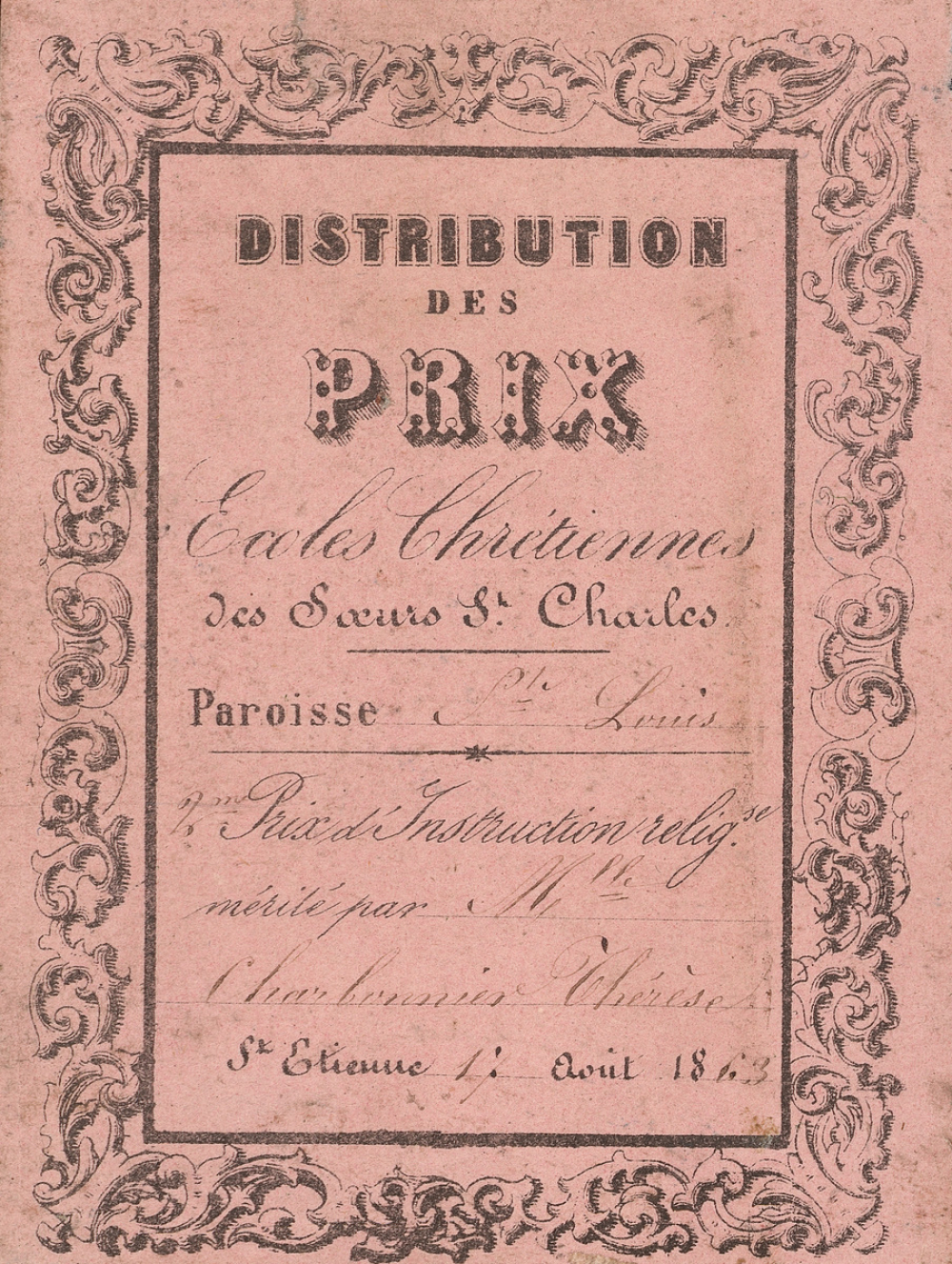 Ex-praemio . Distribution des prix. Ecoles chrétiennes des soeurs de St. Charles.