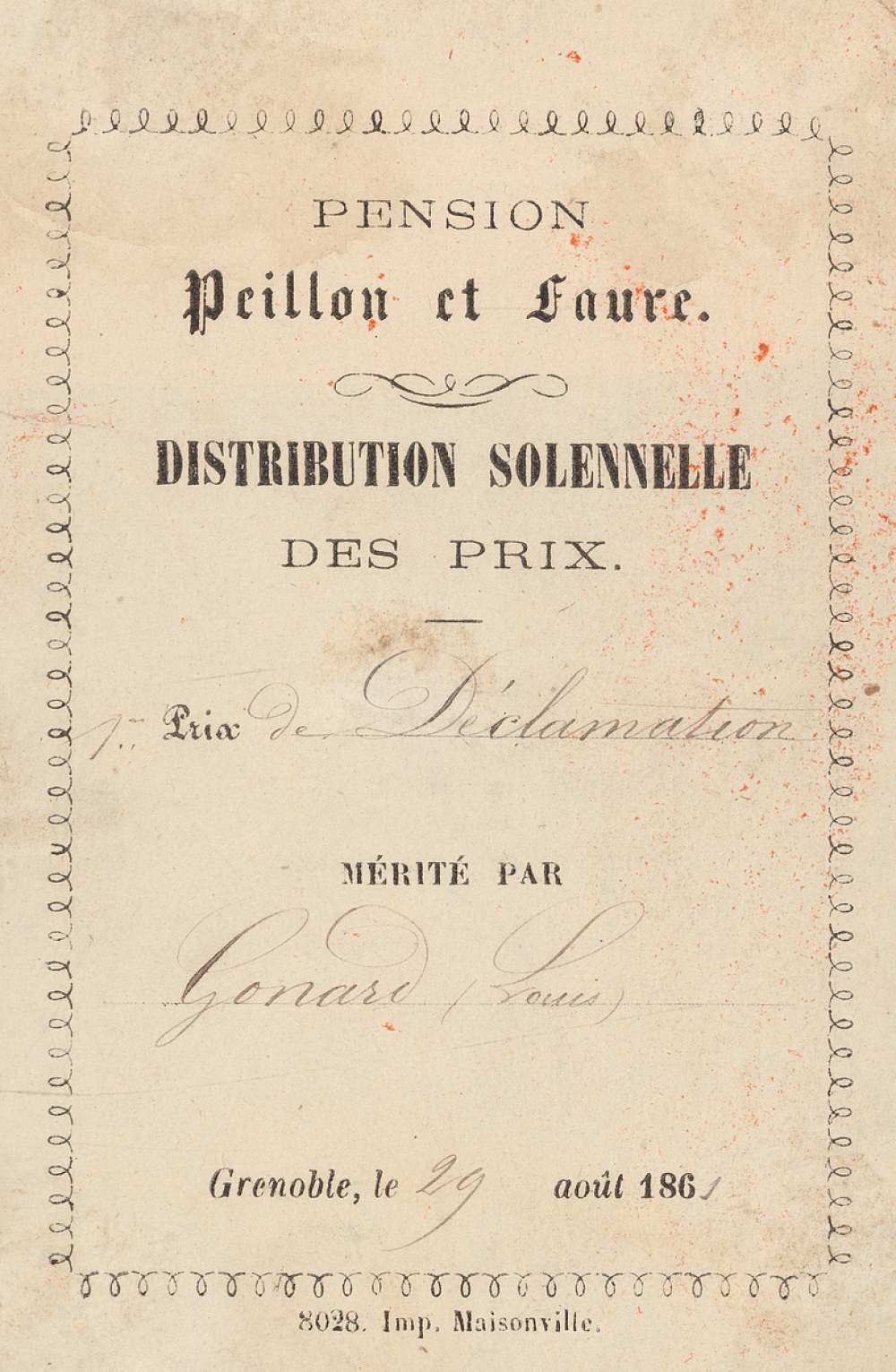 Ex-praemio . Pension Peillon et Faure.