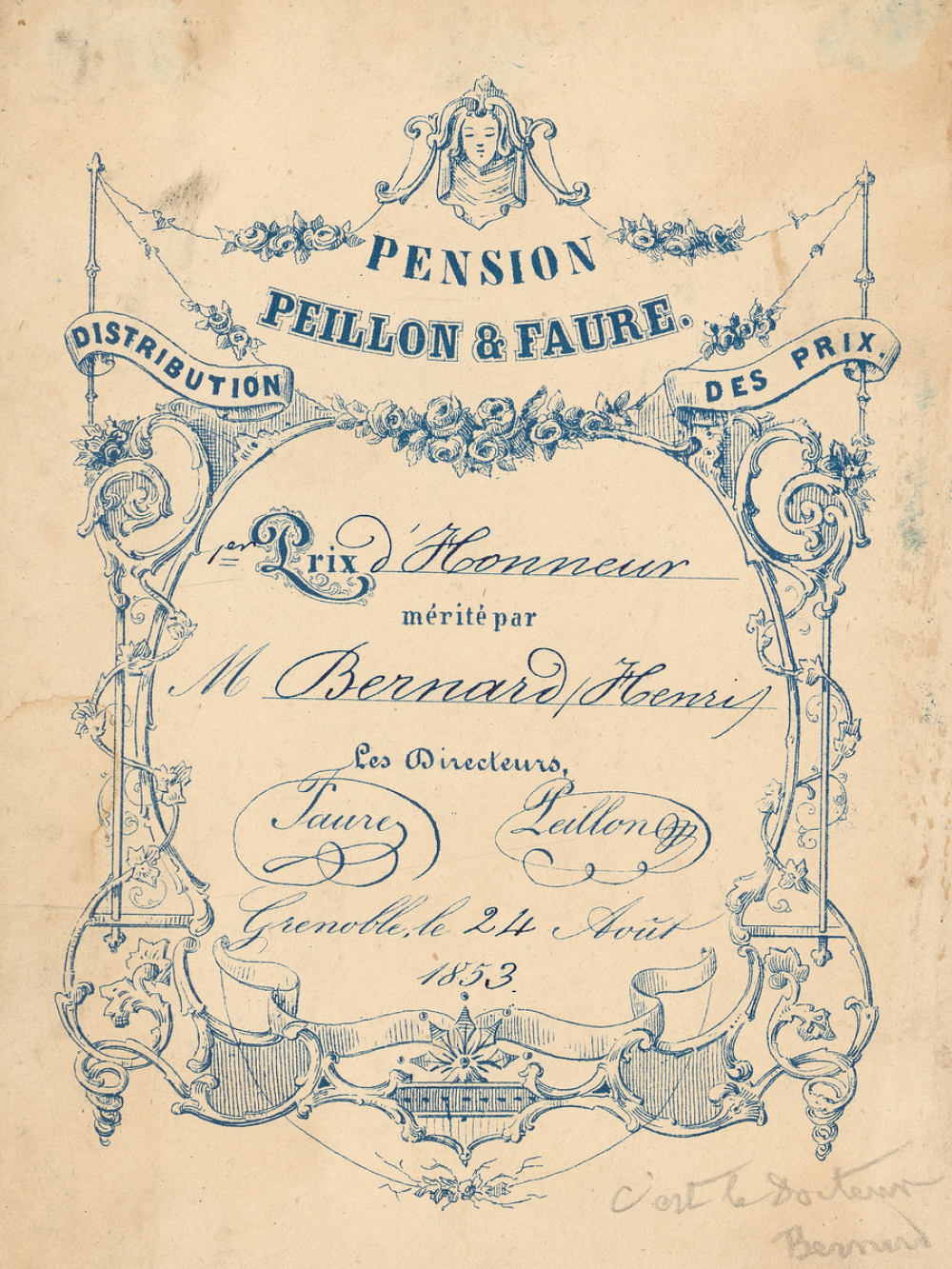 Ex-praemio . Pension Peillon et Faure.
