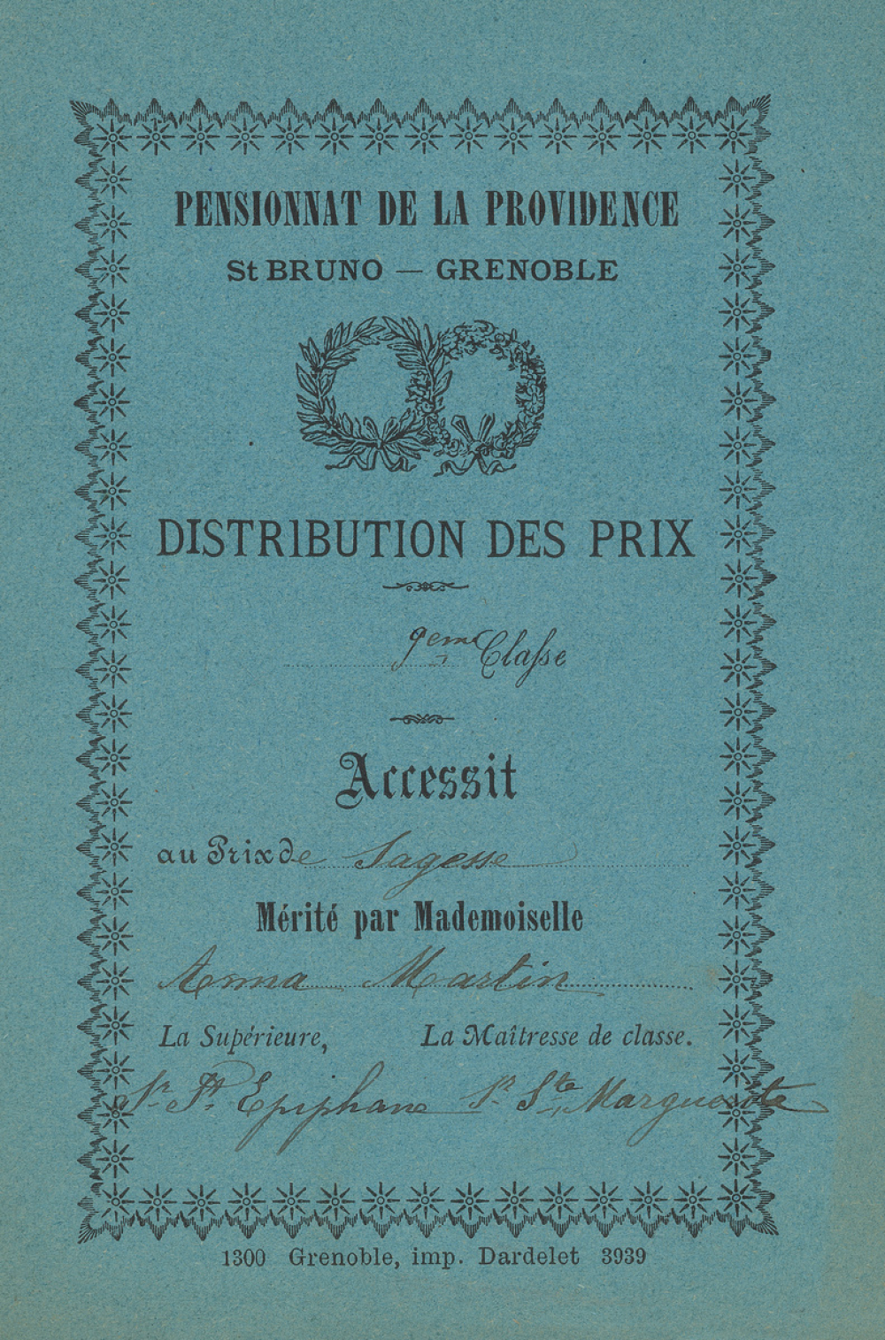 Ex-praemio . Pensionnat de la providence St Bruno - Grenoble.