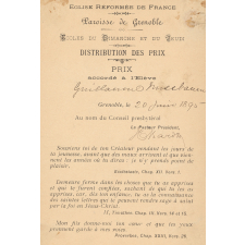 Ex-praemio . Eglise réformée de France. Paroisse de Grenoble. Ecoles du dimanche et du jeudi.