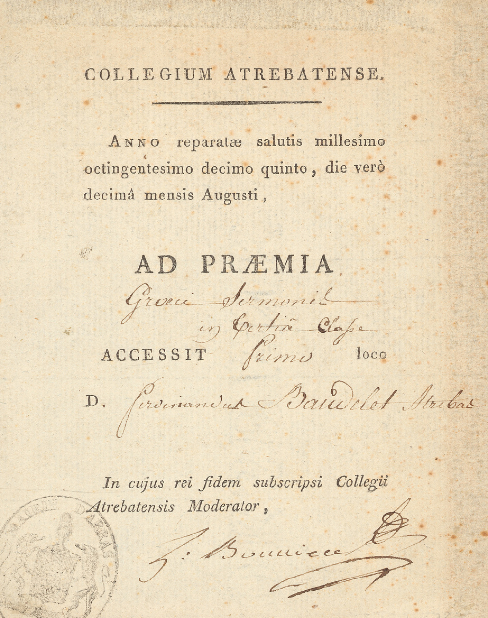 Ex-praemio . Collegium Atrebatense.