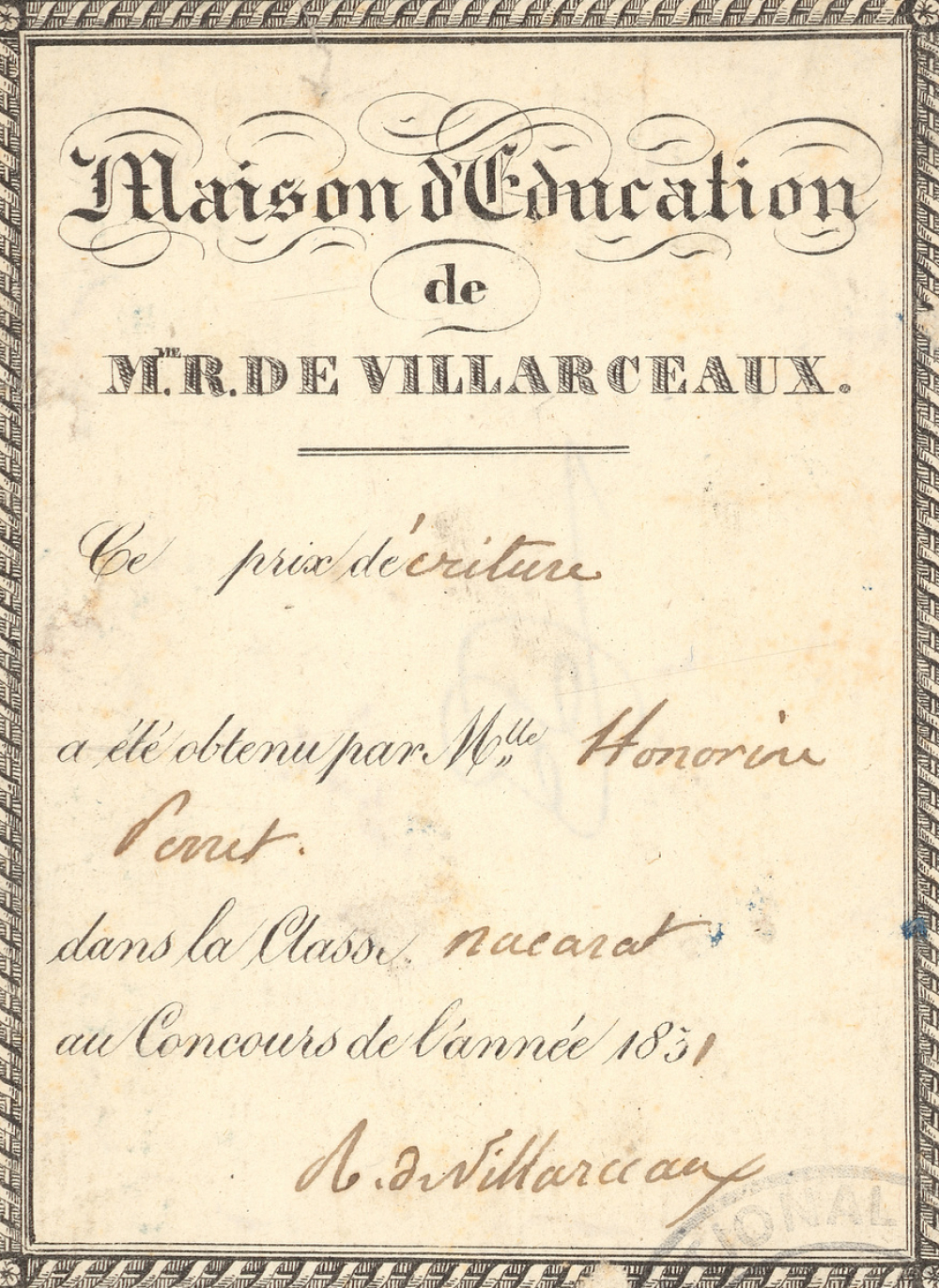 Ex-praemio . Maison d'éducation de Mme R. de Villarceaux.