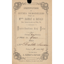 Ex-praemio . Institution de Jeunes demoiselles dirigée par Melles Rachat & Davalo Rue Saint-Louis-en-l'Ile, 73.