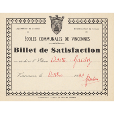 Ecoles communales de Vincennes. Billets de satisfaction.