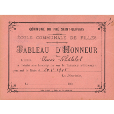 Tableau d'honneur. Commune du Pré Saint-Gervais. Ecole communale de filles.
