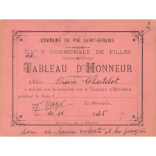 Tableau d'honneur. Commune du Pré Saint-Gervais. Ecole communale de filles.