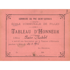 Tableau d'honneur. Commune du Pré Saint-Gervais. Ecole communale de filles.