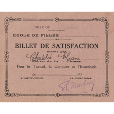 Billet de satisfaction. Ville du Pré Saint-Gervais. Ecole de filles Jean Jaurès.