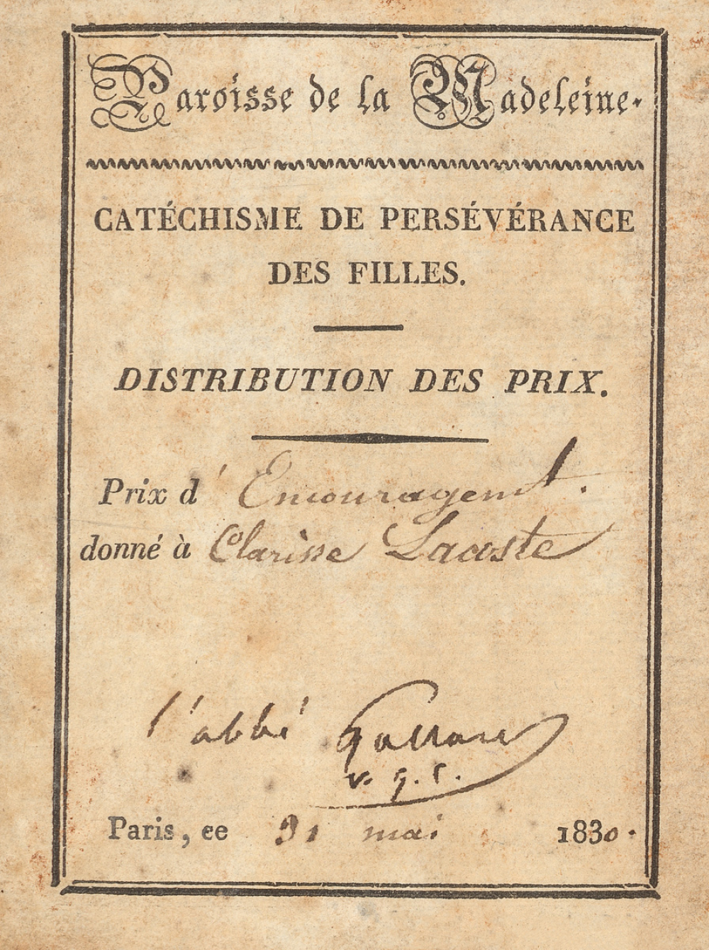 Ex-praemio . Paroisse de la Madeleine.