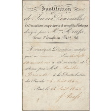 Ex-praemio . Institution de Jeunes Demoiselles. Education supérieure et complète d'Externes, dirigée par Mmes Reufs, Rue d'Enghien, N°26.