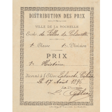 Ex-praemio . Distribution des prix. Ville de La Rochelle. Ecole de filles de Clavette.