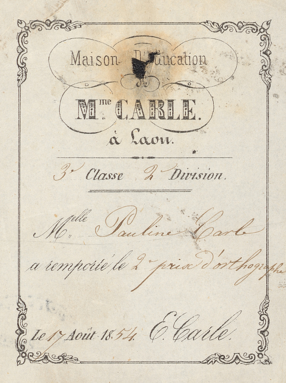 Ex-praemio . Maison d'éducation de Mme Carle à Laon.