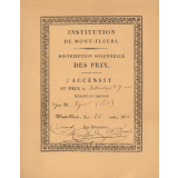 Diplôme de Deuxième Accessit au Prix de Mathématiques de l'Institution de Mont-Fleuri. 