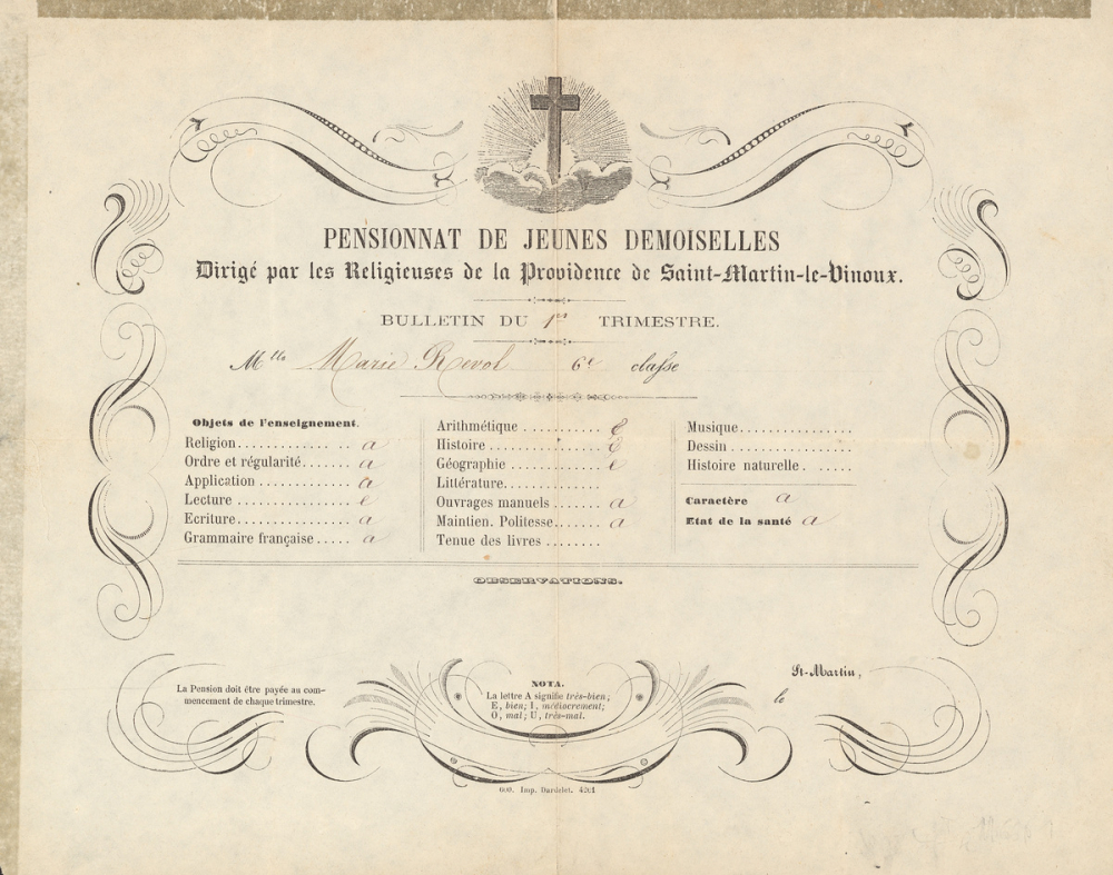 Bulletin trimestriel du Pensionnat de jeunes demoiselles dirigé par les religieuses de la Providence de Saint-Martin-le Vinoux. 