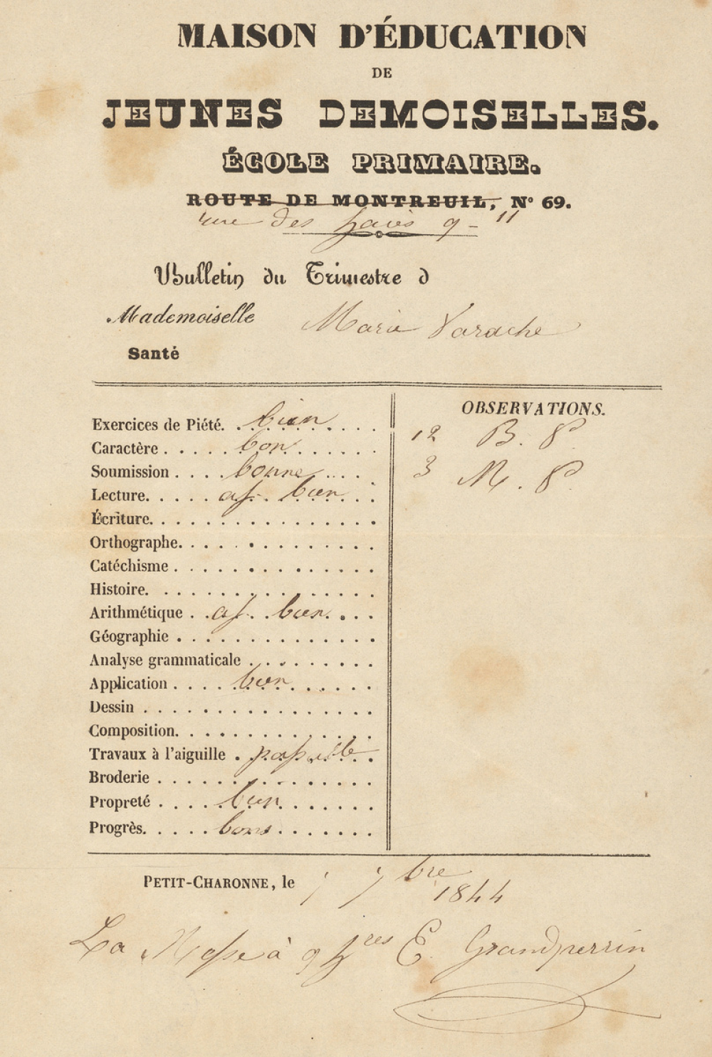 Bulletin trimestriel de la Maison d'Éducation de jeunes demoiselles du Petit-Charonne. 