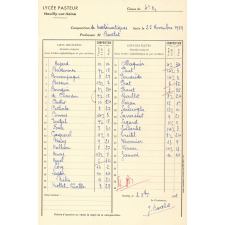Composition de mathématiques. Liste de notes de la classe de 4e B3. Lycée Pasteur. Neuilly-sur-Seine. 1959.