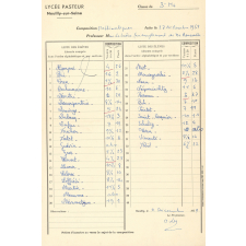 Composition de mathématiques. Liste de notes de la classe de 3e M4. Lycée Pasteur. Neuilly-sur-Seine. 1959. 