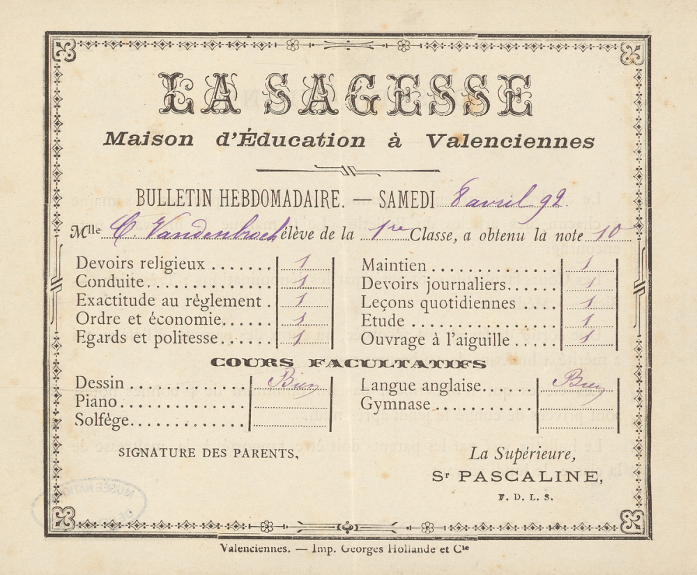 Bulletins hebdomadaires. La Sagesse. Maison d'Education à Valenciennes. 