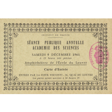 Séance publique annuelle. Académie des Sciences. Carte d'entrée.