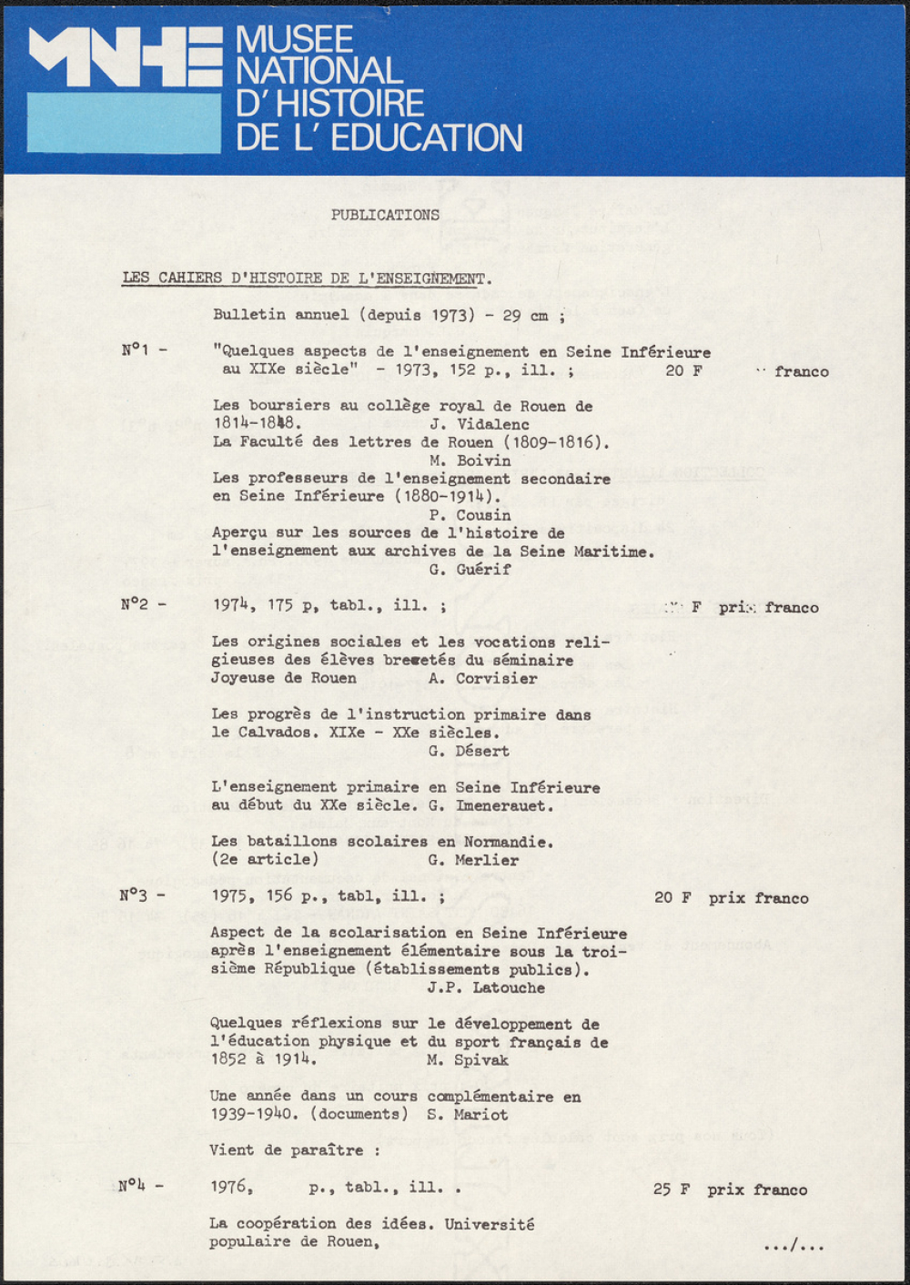 Musée national d'histoire de l'éducation - Publications.