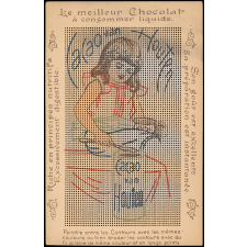 Carton publicitaire à peindre et à broder : cacao Van Houten : fillette se servant