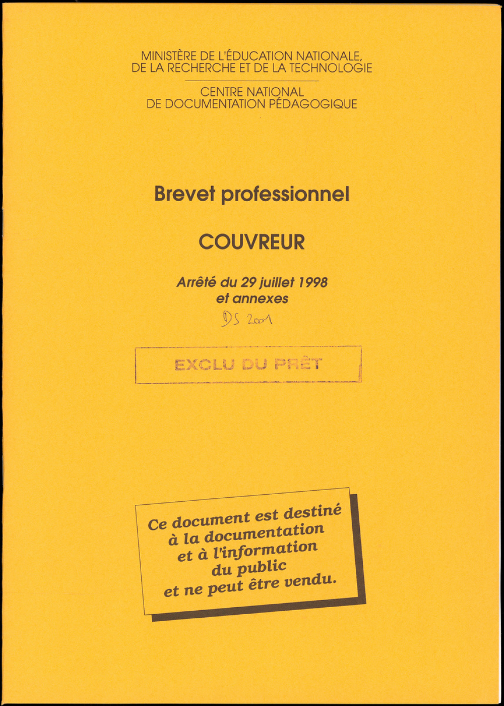 Brevet professionnel. Couvreur. Arrêté du 29 juillet 1998 et annexes.