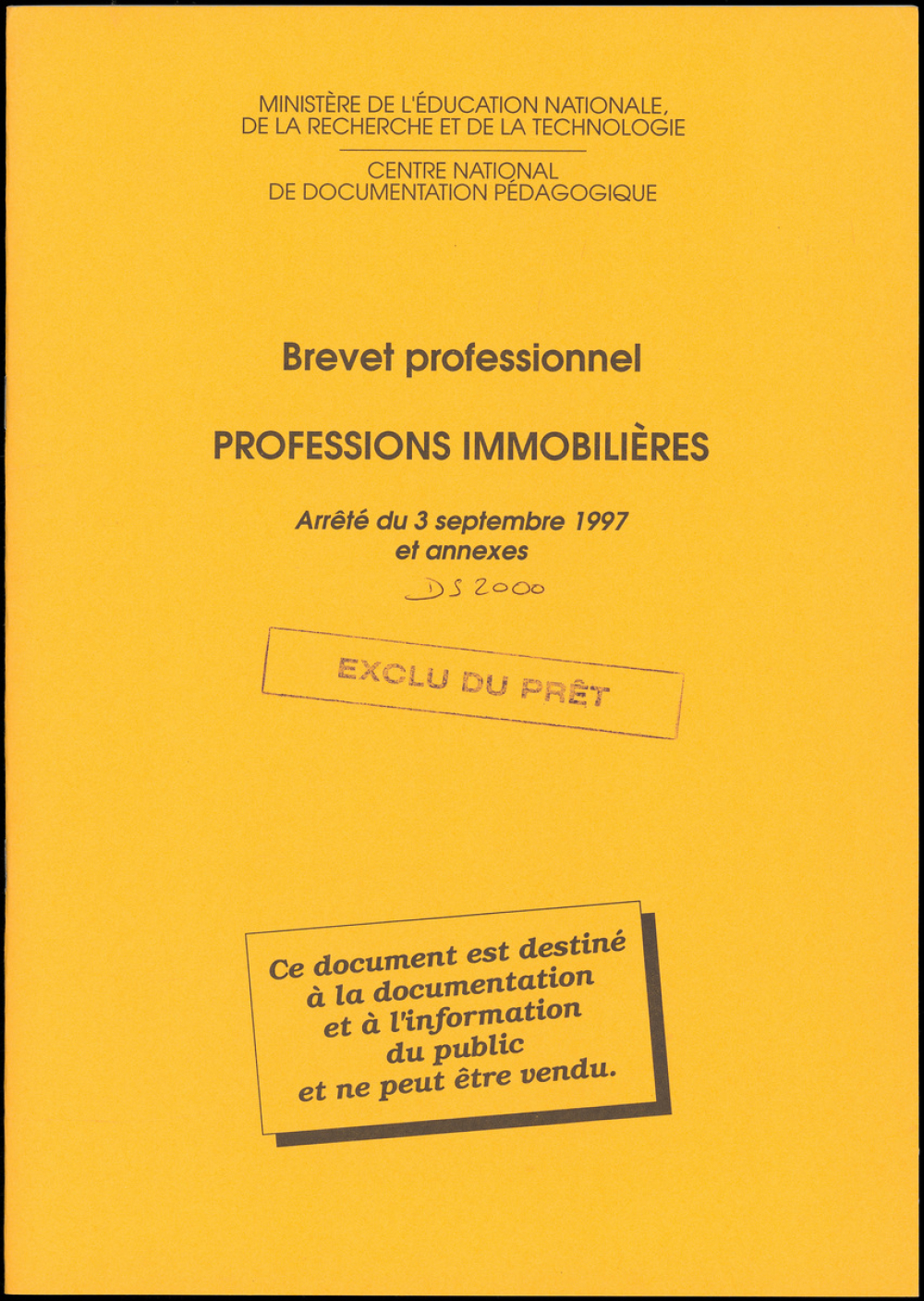 Brevet professionnel. Professions immobilières. Arrêté du 3 septembre 1997 et annexes.