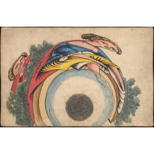 Planche d'anamorphose : femme au bord d'une rivière observée
