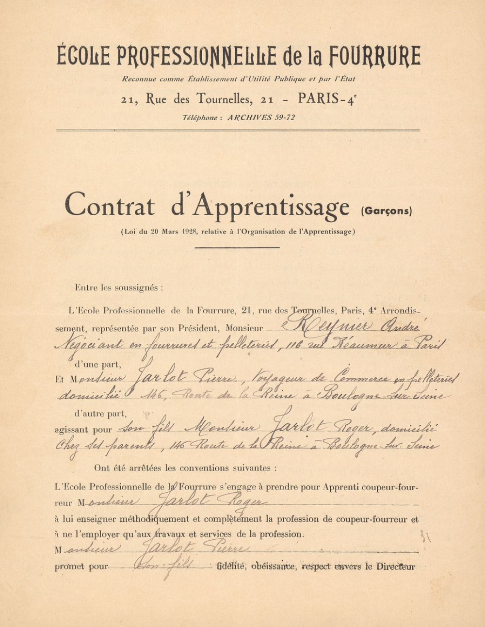 Contrat d'apprentissage (Garçons), École professionnelle de la fourrure, Paris 4e