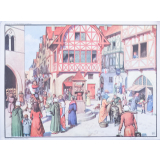 Tableaux muraux. N°13- La vie des bourgeois au Moyen Age. N°14- Le peuple construit sa cathédrale.